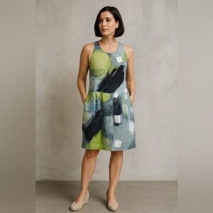 Crea Concept Womens Linen Dress Sz 38 US 6 Green Gray Avant Garde Balloon Hem